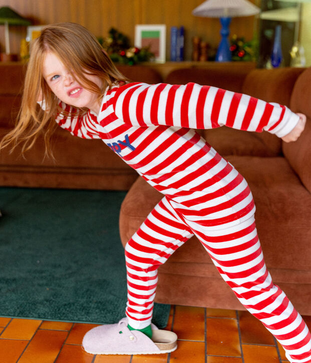 Pijama de terciopelo a rayas para ni&ntilde;o/ni&ntilde;a rojo/blanco