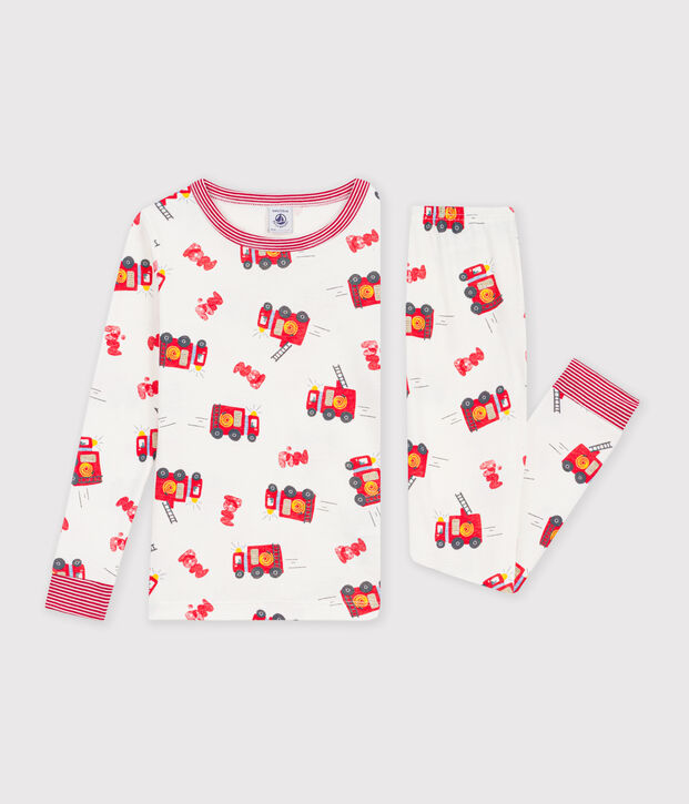 Pijama infantil muy ajustado de algod&oacute;n con estampado de bombero blanco/multicolor