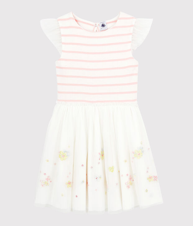 Vestido de celebraci&oacute;n de algod&oacute;n y tul de ni&ntilde;a blanco/rosa