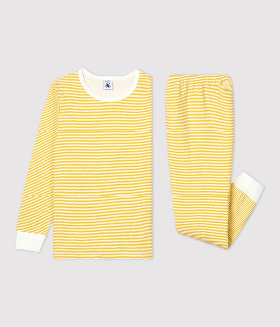 Pijama milrayas amarillo de niña/niño de túbico de algodón orgánico amarillo OCRE/blanco MARSHMALLOW