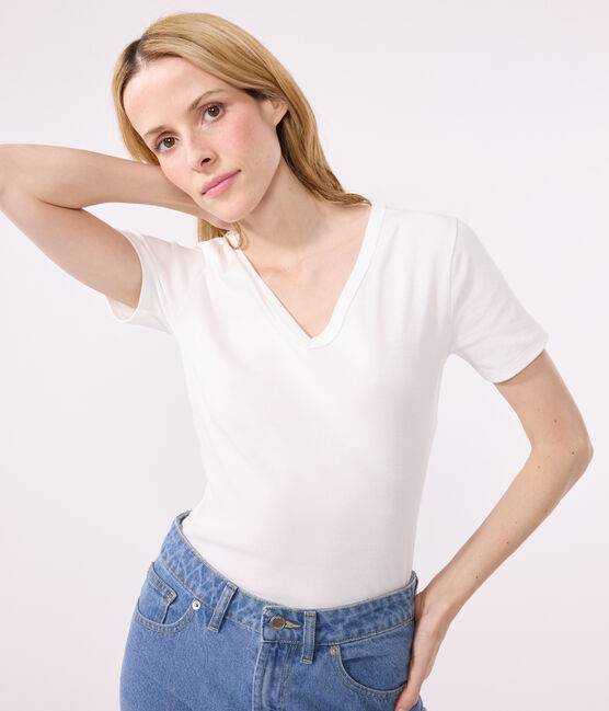 Camiseta Iconique de manga corta de punto liso para mujer blanco ECUME