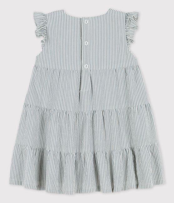Vestido seersucker ecológico a rayas para bebé. azul BRUT/blanco MARSHMALLOW