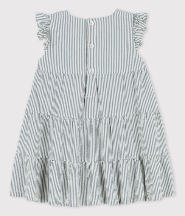 Vestido seersucker ecol&oacute;gico a rayas para beb&eacute;. verde/blanco