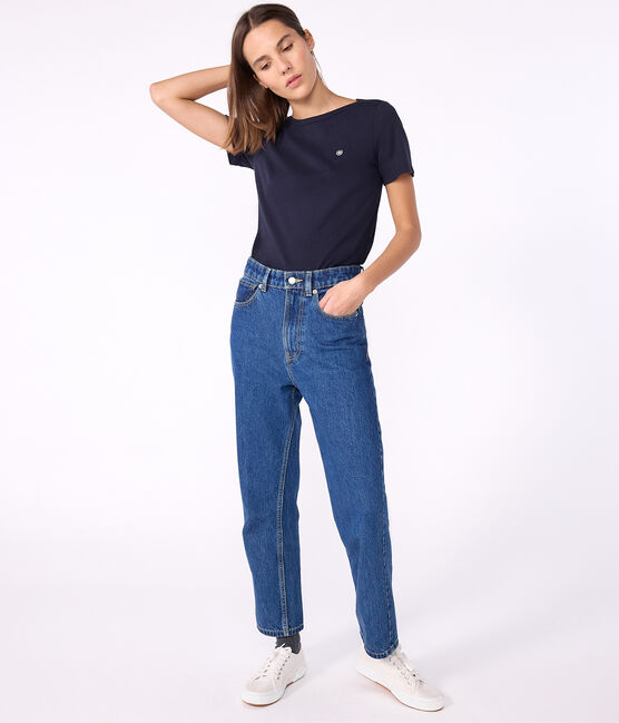 Camiseta icónica de mujer con cuello almirante de algodón  azul SMOKING