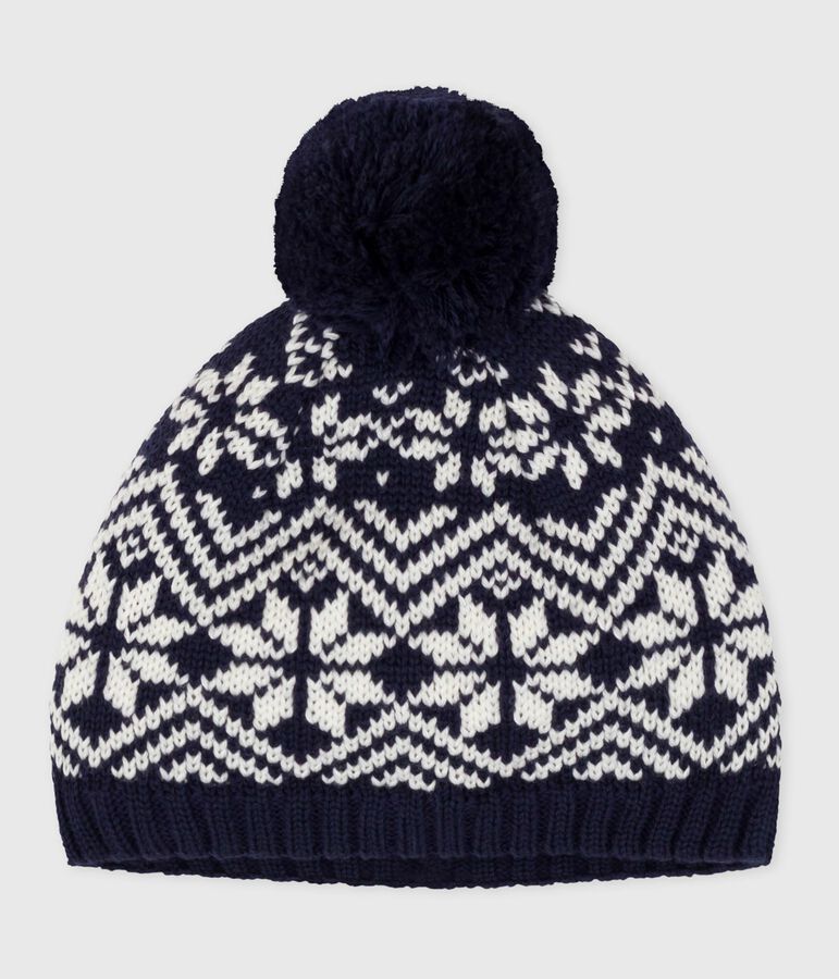 Gorro jacquard de lana para beb&eacute; azul/blanco
