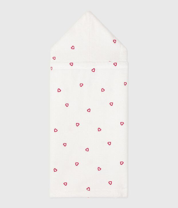 Capa de ba&ntilde;o de rizo con corazones bordados para beb&eacute; blanco/rosa