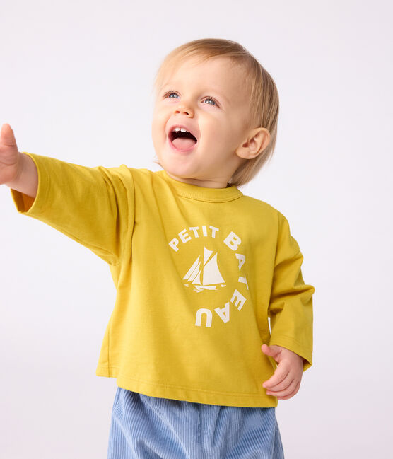 Camiseta de algodón de manga larga con estampado de gato para bebé amarillo NAPLES