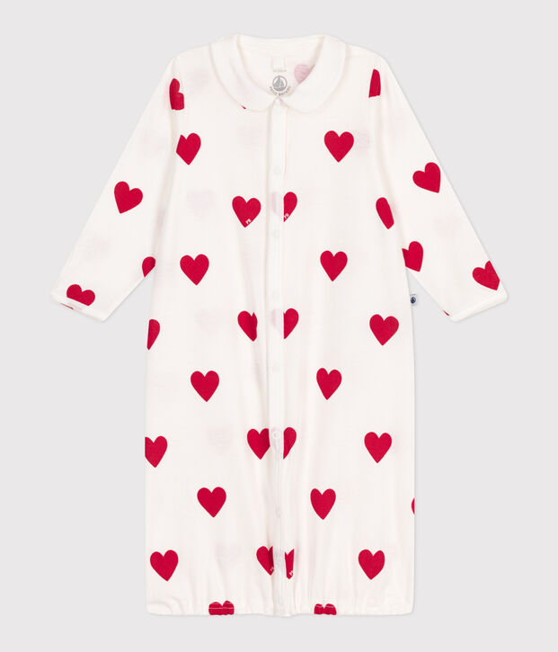 Mono saco de algod&oacute;n con cuello y corazones rojos para beb&eacute; blanco/rojo