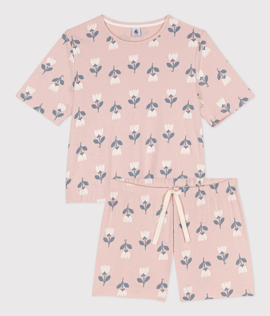 Pijama corto de algodón con tulipanes para mujer rosa SALINE/blanco MULTICO