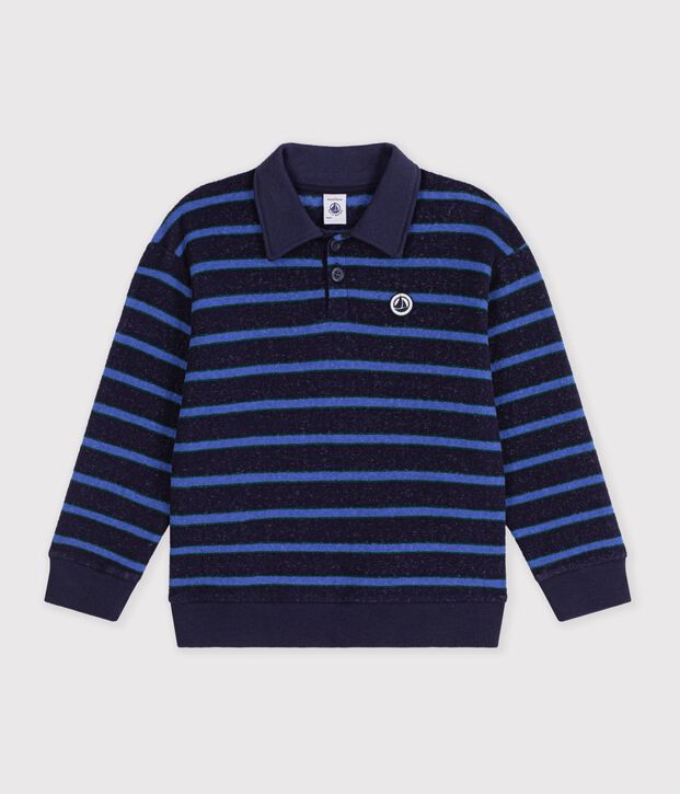 Sudadera infantil con cuello de polo de algod&oacute;n a rayas azul/verde/azul
