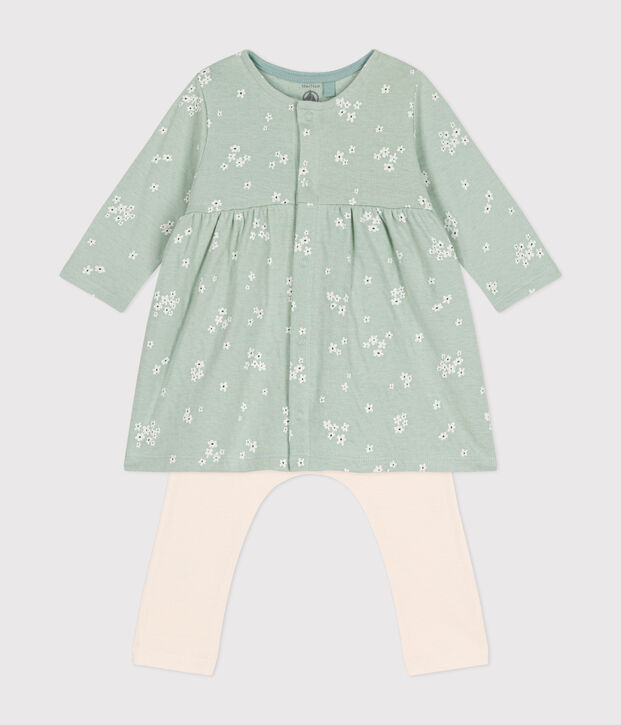 Vestido y leggings de algod&oacute;n para beb&eacute; verde/multicolor