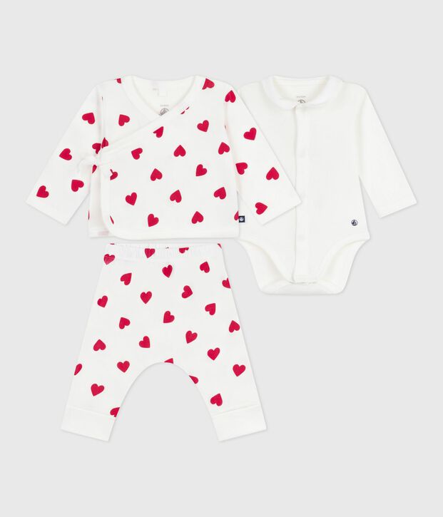 Conjunto de 3 piezas cruzado con estampado de corazones para beb&eacute; blanco/rojo