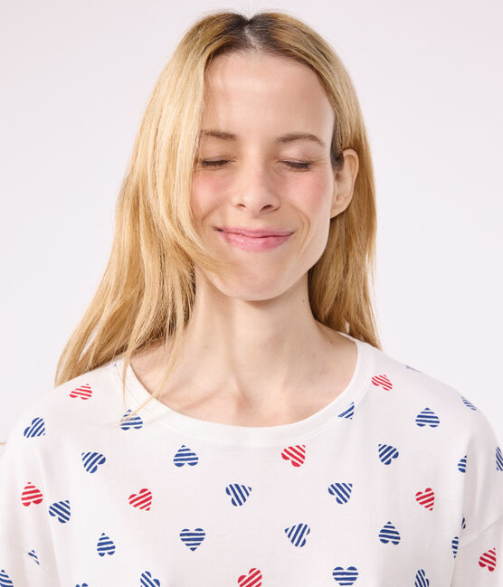 Pijama de algodón con estampado de corazones para mujer blanco MARSHMALLOW/blanco MULTICO