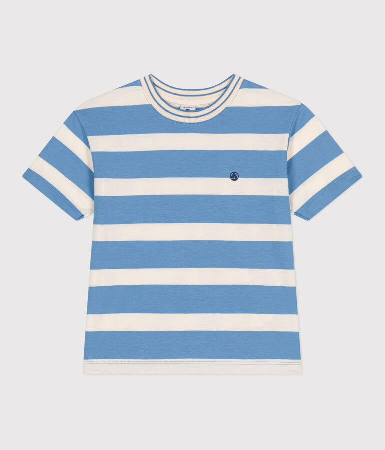 Camiseta infantil de manga corta de algod&oacute;n con rayas azul/crudo
