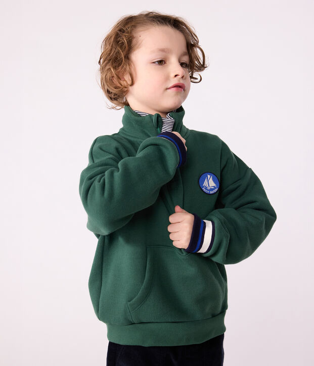 Sudadera infantil de algod&oacute;n liso con cremallera en el cuello verde