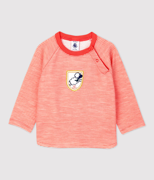 Camiseta de lana y algod&oacute;n de beb&eacute;. naranja/blanco
