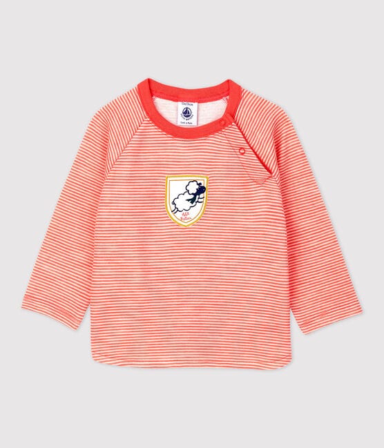 Camiseta de lana y algodón de bebé. naranja OURSIN/blanco MARSHMALLOW