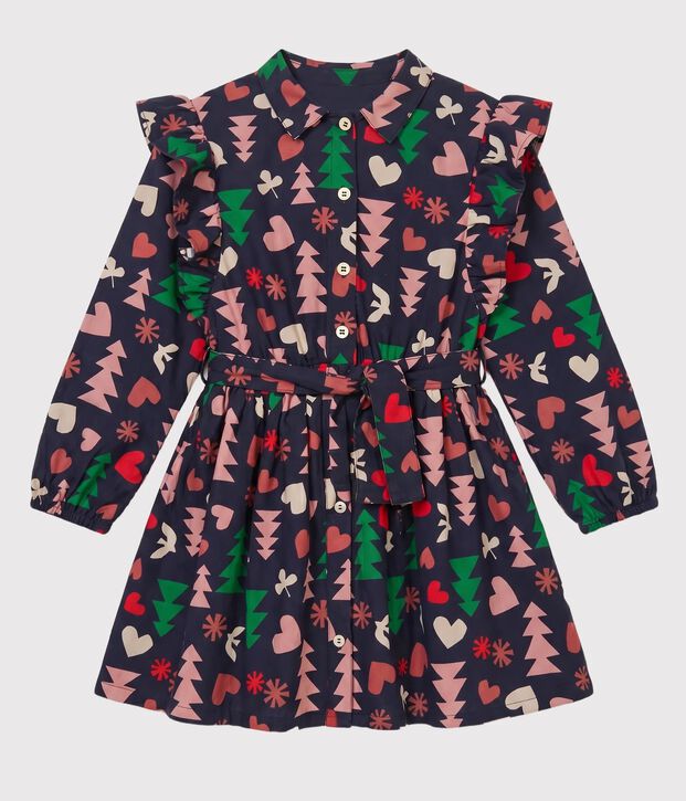 Vestido de manga larga de franela para ni&ntilde;a azul/multicolor