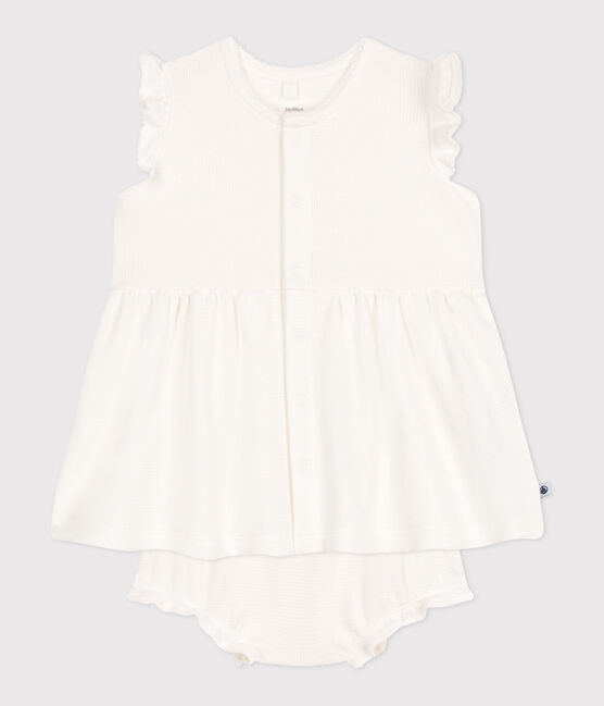 Vestido blanco de manga corta de nido de abeja y pololo para bebé blanco MARSHMALLOW