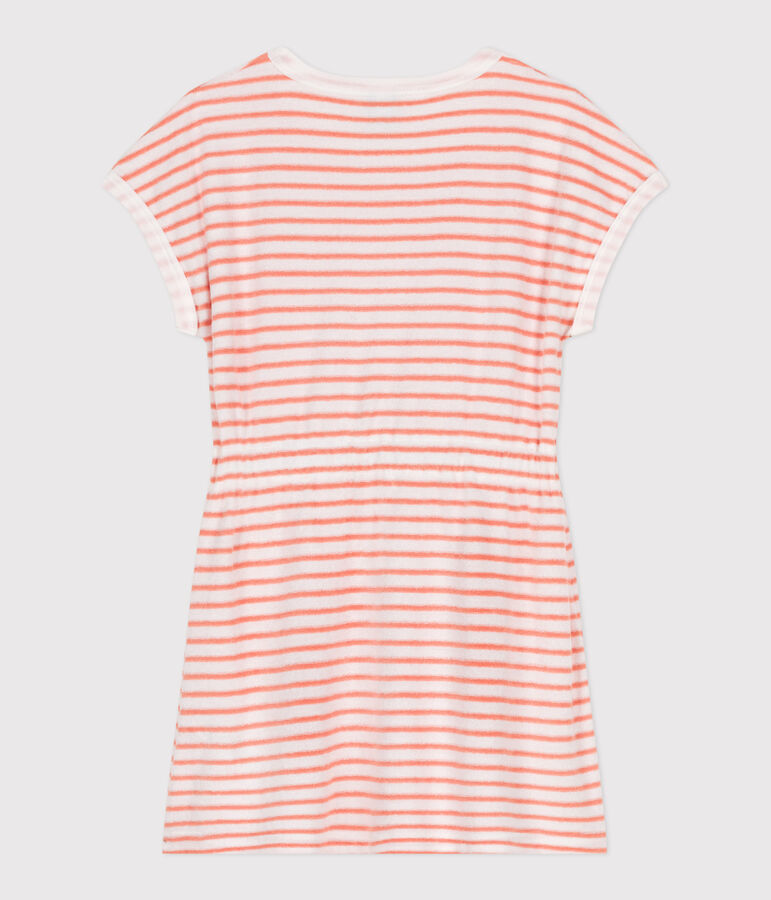 Vestido infantil de rizo de algod&oacute;n de manga corta a rayas blanco/naranja