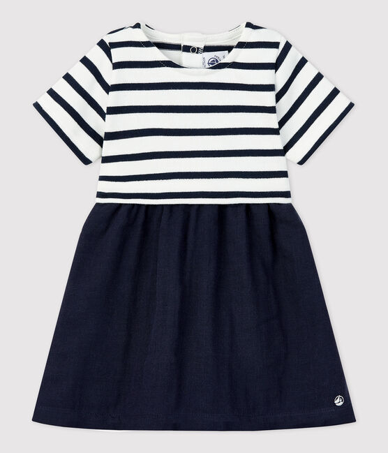 Vestido bimaterial de gasa de algodón y jersey grueso ecológico para bebé blanco MARSHMALLOW/azul SMOKING