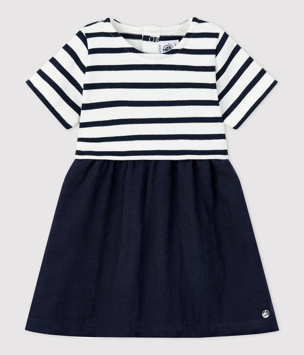 Vestido bimaterial de gasa de algod&oacute;n y jersey grueso ecol&oacute;gico para beb&eacute; blanco/azul