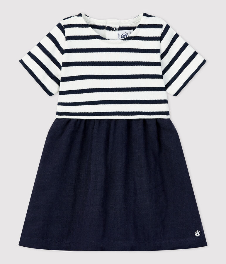 Vestido bimaterial de gasa de algod&oacute;n y jersey grueso ecol&oacute;gico para beb&eacute; blanco MARSHMALLOW/azul SMOKING