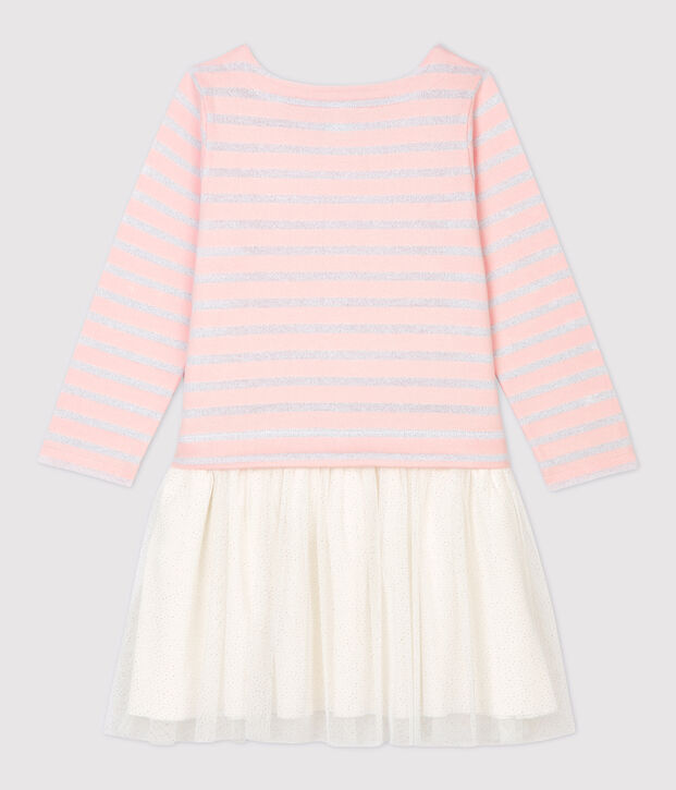 Vestido de manga larga de algod&oacute;n y tul de ni&ntilde;a rosa/MARSHMALLOW ARGENT BRILLANT