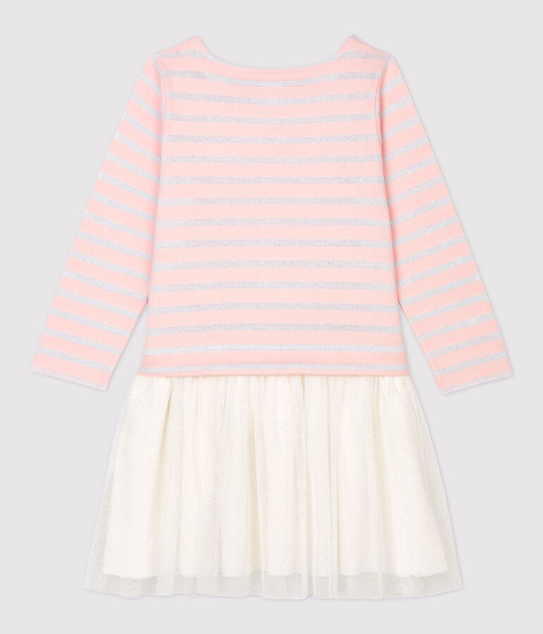 Vestido de manga larga de algod&oacute;n y tul de ni&ntilde;a rosa/MARSHMALLOW ARGENT BRILLANT