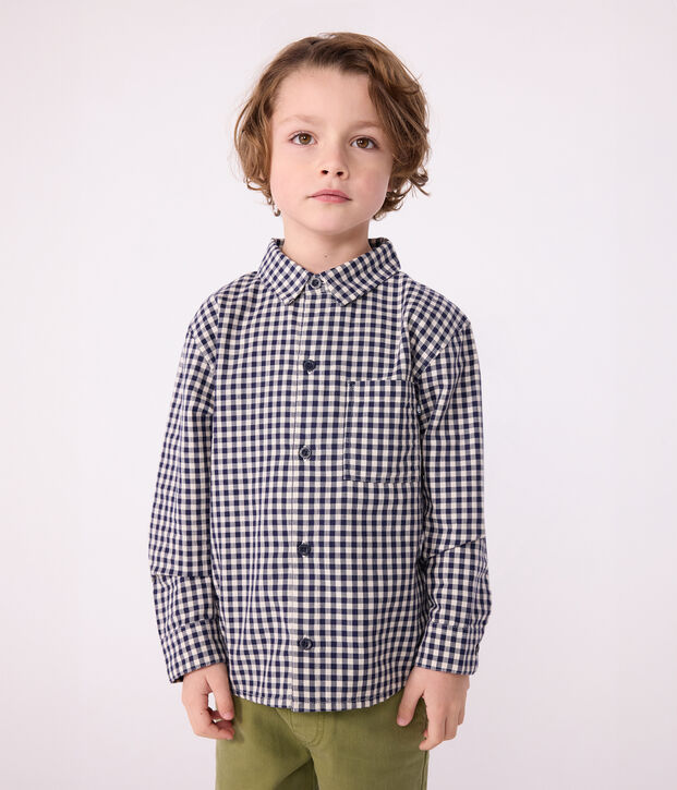 Camisa infantil de algod&oacute;n a cuadros azul/crudo