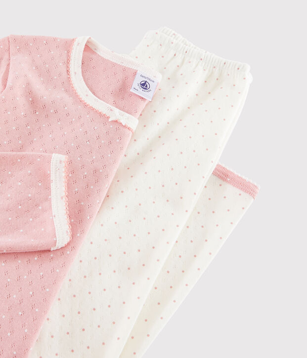 Pijama rosa con lunares de ni&ntilde;a de punto calado blanco/rosa