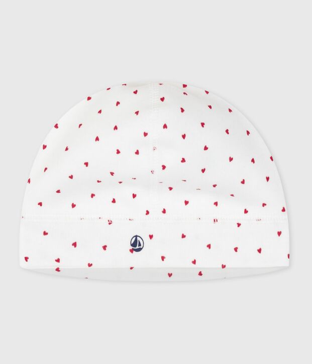 Gorro de algod&oacute;n con estampado de corazones para reci&eacute;n nacido blanco/rojo