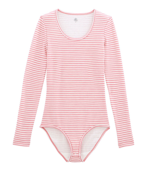 Body de algod&oacute;n y lana para mujer rosa/blanco