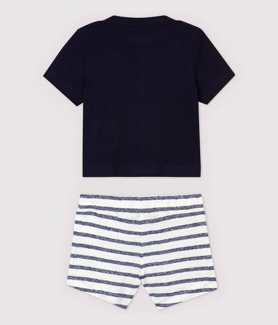 Conjunto de camiseta/pantalón corto de algodón de lino de bebé niño azul SMOKING/blanco MARSHMALLOW