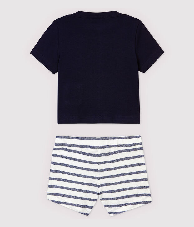 Conjunto de camiseta/pantal&oacute;n corto de algod&oacute;n de lino de beb&eacute; ni&ntilde;o azul/blanco