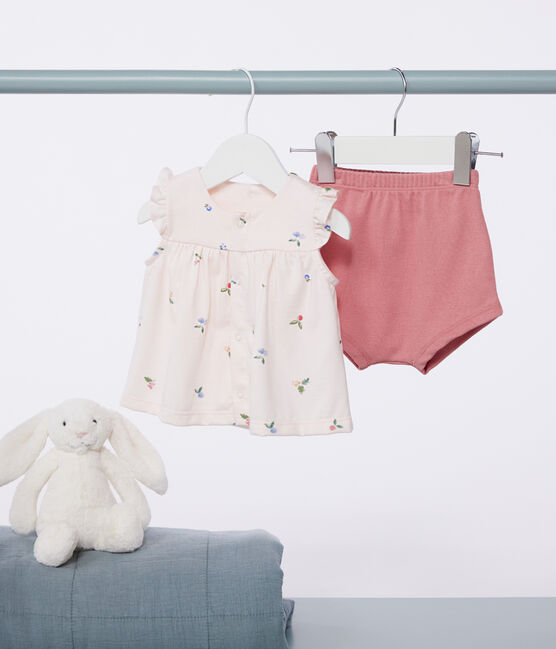 Conjunto de dos piezas de algodón con blusa con volante para recién nacido rosa FLEUR/blanco MULTICO