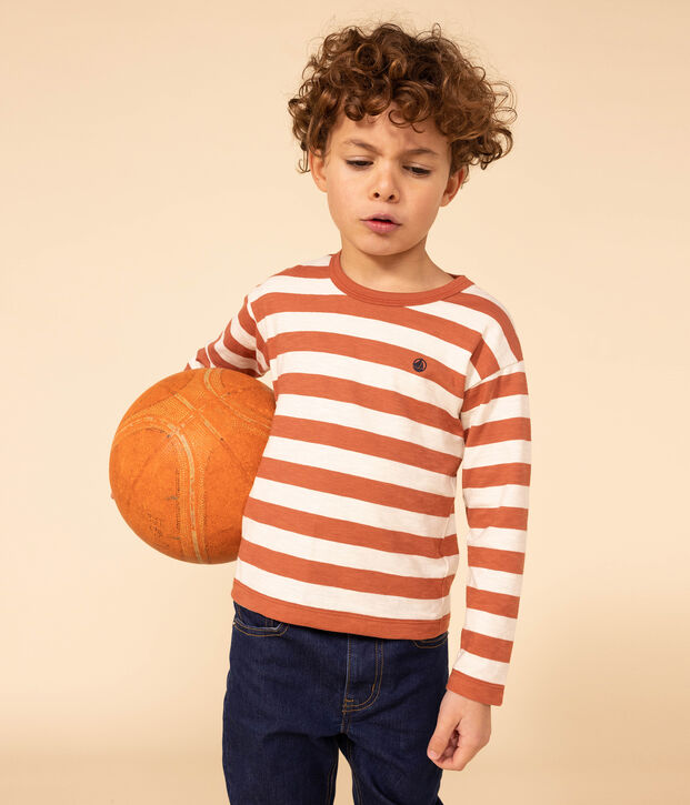Camiseta de algod&oacute;n de manga larga de ni&ntilde;o marron/crudo