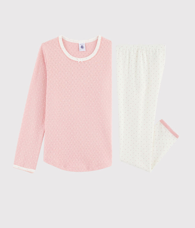 Pijama rosa con lunares de ni&ntilde;a de punto calado blanco/rosa