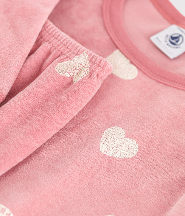 Pijama infantil de terciopelo con estampado de corazones rosa/blanco