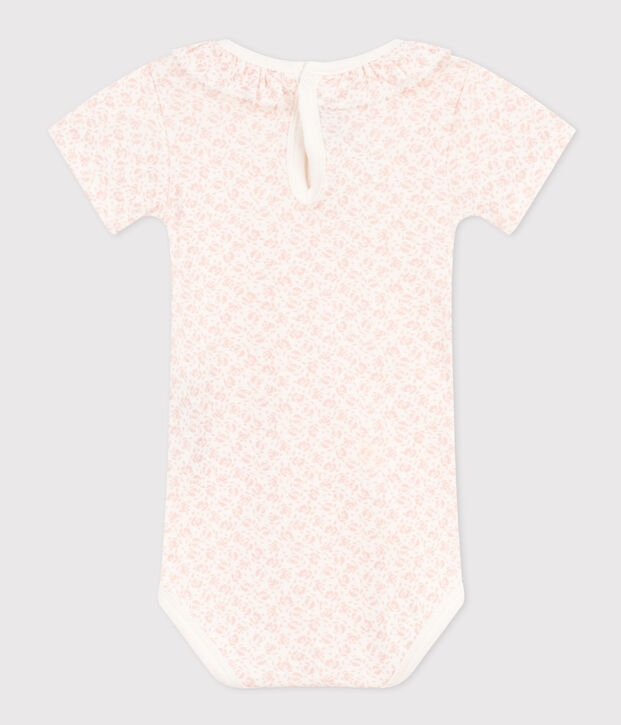 Bodi de manga corta con cuello isabelino de algod&oacute;n de beb&eacute; blanco/rosa
