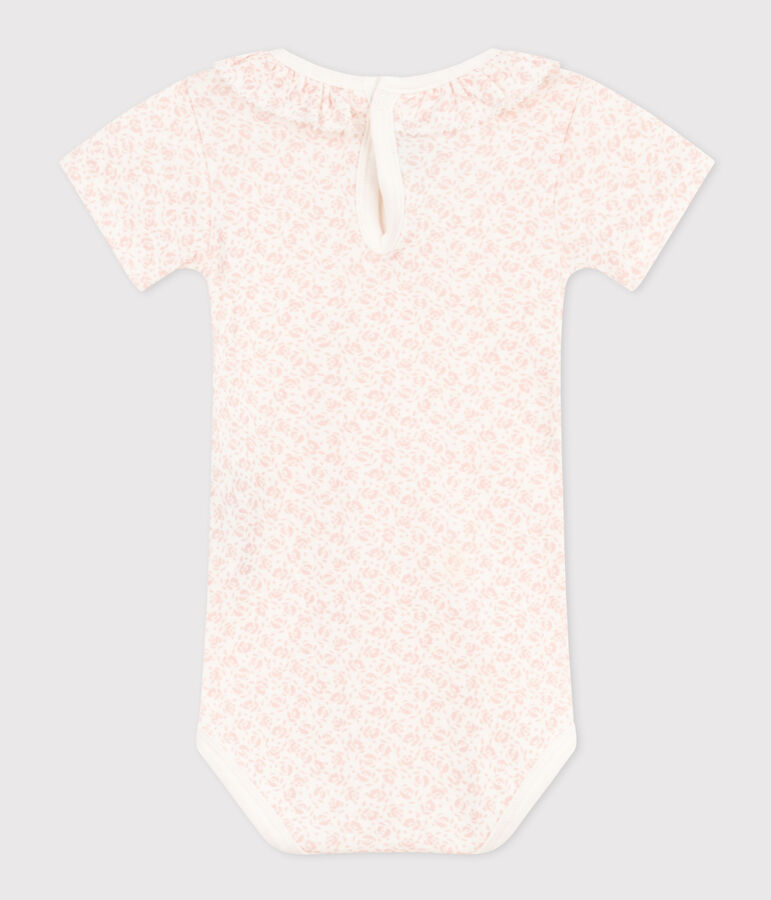 Bodi de manga corta con cuello isabelino de algod&oacute;n de beb&eacute; blanco/rosa