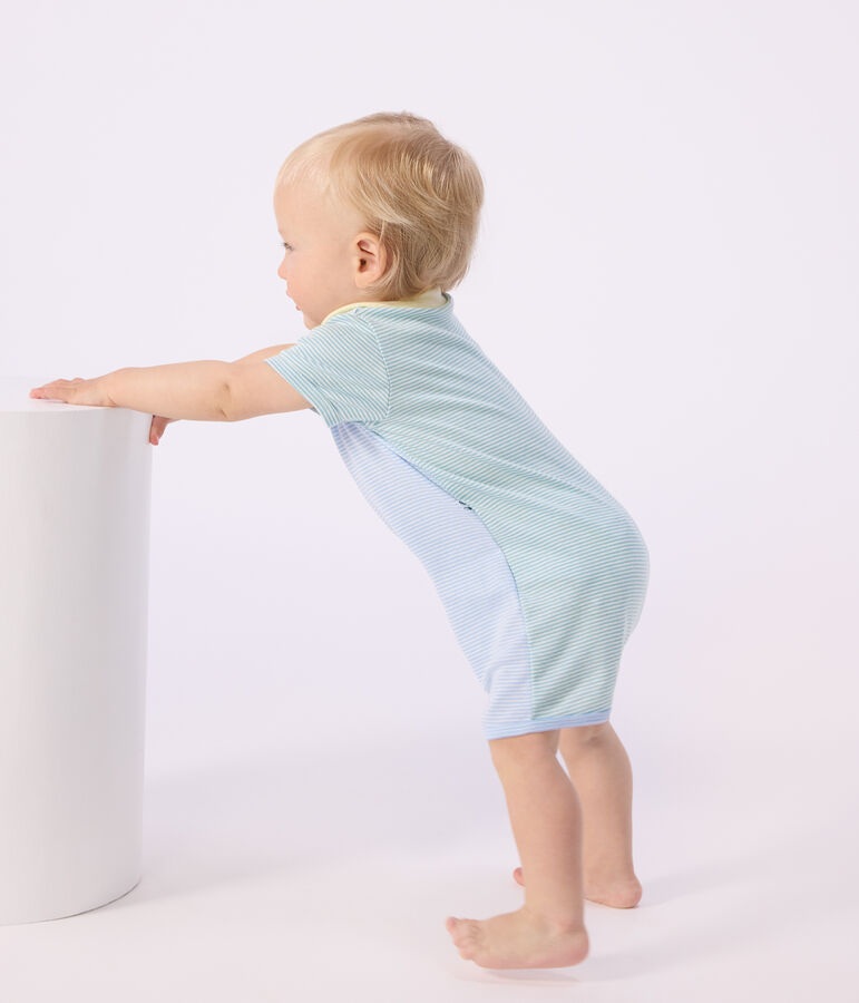 Mono corto de algod&oacute;n con cuello para beb&eacute; verde/blanco