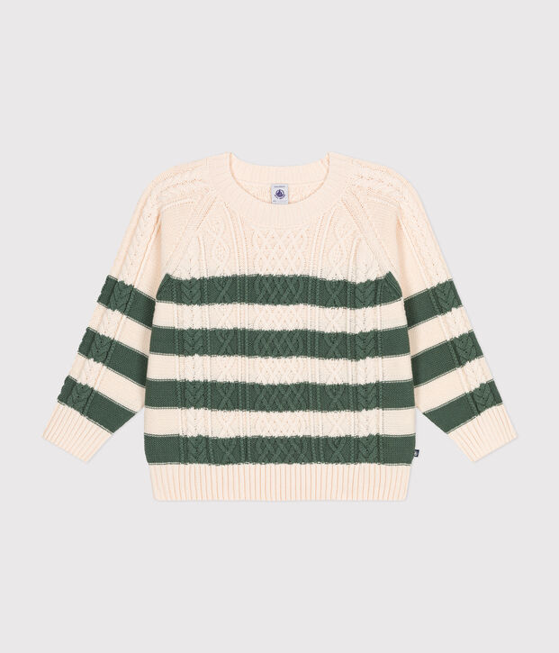 Jersey de punto irland&eacute;s de algod&oacute;n a rayas para ni&ntilde;o crudo/verde