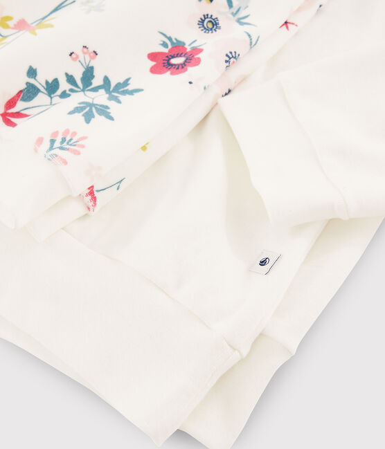 Pijama de chica - mujer con flores de dos materiales blanco MARSHMALLOW/blanco MULTICO