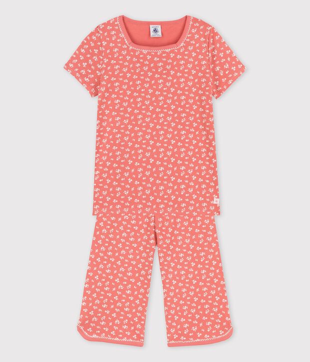 Pijama de manga corta de ni&ntilde;a de algod&oacute;n org&aacute;nico rosa/blanco