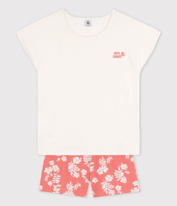 Pijama corto de algod&oacute;n para chica blanco/rosa