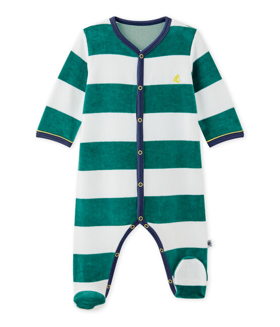 Pelele de terciopelo de rayas para bebé niño verde OLIVIER/blanco ECUME