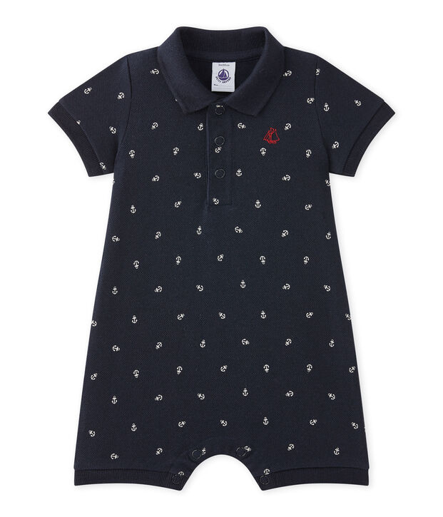 Pelele corto de beb&eacute; ni&ntilde;o estampado con cuello tipo polo azul/beige