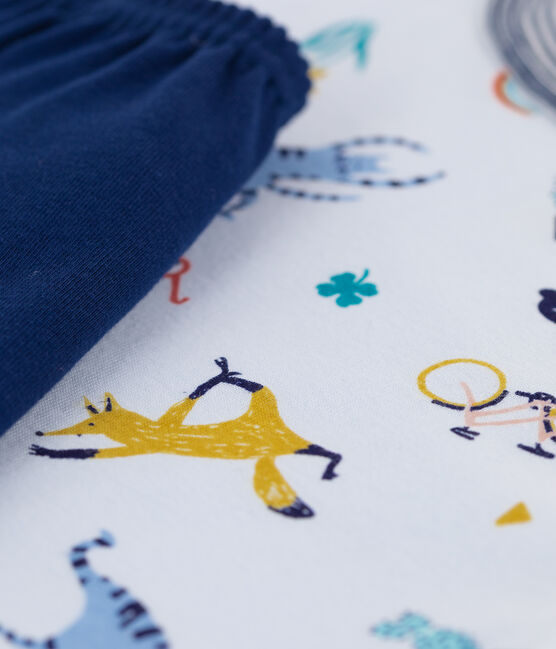 Pijama corto de algodón con estampado de animales de yoga de niño azul FRAICHEUR/blanco MULTICO