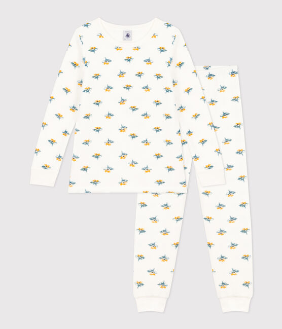 Pijama de rizo cepillado con flor para niña blanco MARSHMALLOW/blanco MULTICO
